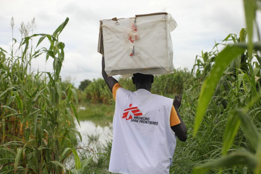 man carrying a box on his head through a field