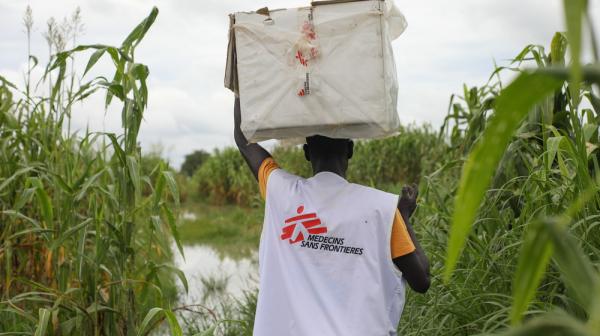 man carrying a box on his head through a field